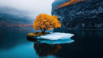 Serene Autumn Landscape Golden Tree on Ice Floe in Mountain Lake photo