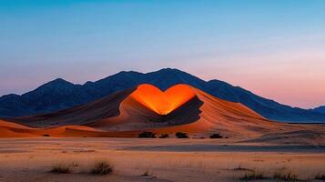 Majestic Heart Shaped Dune at Sunrise in the Desert Landscape with Mountains photo