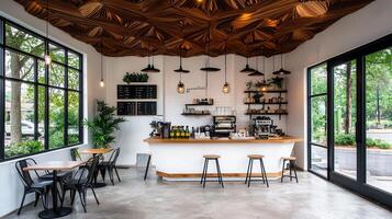Modern Coffee Shop Interior Design with Unique Wooden Ceiling and Large Windows photo