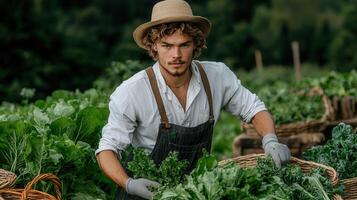 Young Man Harvesting Fresh Organic Kale and Greens on a Farm A male farmer works diligently in his vegetable garden photo