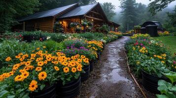 Serene Garden Path Leading to a Rustic Log Cabin Flower Shop on a Misty Morning photo