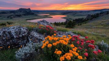 Stunning Sunset Landscape with Vibrant Orange and Red Wildflowers Blooming on Rocky Hillside near Serene Lake photo
