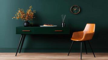 Stylish Green Console Table with Tan Leather Chair and Autumnal Decor in a Modern Room Interior photo