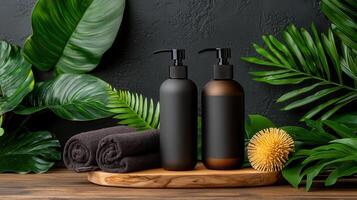 Luxurious Black Shampoo and Conditioner Bottles with Tropical Leaves and Rolled Towels on Wooden Tray photo