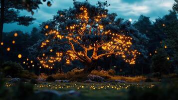 Magical Illuminated Tree in Enchanting Forest at Night Fantasy Nature Scene photo