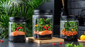 Healthy layered salads in glass jars with salmon black beans raspberries and greens Delicious and nutritious meal prep photo