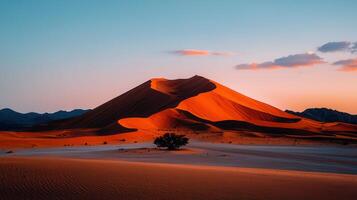 Majestic Sunset over Giant Orange Sand Dune in Desert Landscape A lone tree stands in the foreground photo