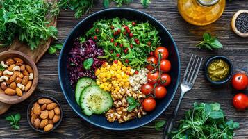 Delicious and Healthy Rainbow Salad Bowl with Fresh Vegetables Nuts and Grains Perfect for a Nutritious and Vibrant Meal photo