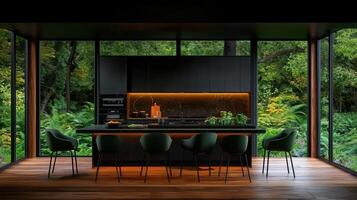 Modern Dark Kitchen Interior Design with Forest ViewLarge Windows and Green Chairs photo