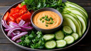 Delicious Vegetable Platter with Creamy Dip Healthy Snack or Appetizer Idea Perfect for a Party or Gathering photo