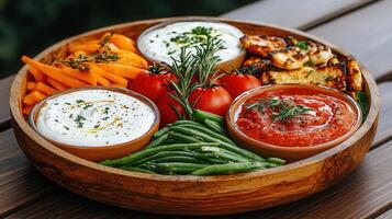 Delicious Mediterranean Mezze Platter with Dips Vegetables and Grilled Cheese A Healthy Snack or Appetizer photo