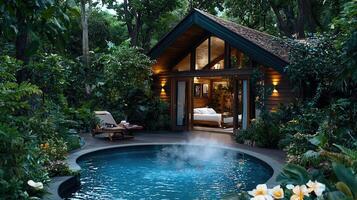 Luxurious Tropical Bungalow with Private Pool and Lush Greenery Surrounding a Tranquil Oasis photo