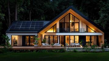 Modern Eco Friendly House with Solar Panels at Night Illuminated Luxury Home Design photo