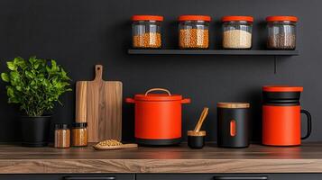 Modern Kitchen Design Orange and Black Storage Containers and Spice Jars on Wooden Countertop photo