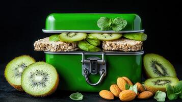 Healthy Kiwi and Oat Sandwich in Green Lunchbox with Almonds Perfect for a Healthy Snack or Meal Prep photo