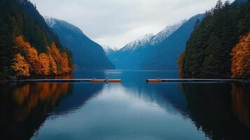 Serene Autumn Lake nestled in majestic Mountains with vibrant fall foliage and calm waters reflecting snow capped peaks photo
