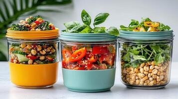 Healthy Meal Prep Jars with Fresh Vegetables and Grains Ready to Eat Salads in Glass Containers photo