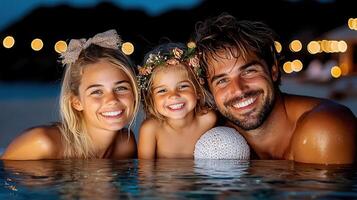 Happy Family Enjoying a Night Swim in a Pool Under the Lights Parents and Daughter Smiling Together photo