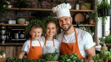 Happy family cooks together in a kitchen wearing orange aprons surrounded by fresh vegetables and herbs photo