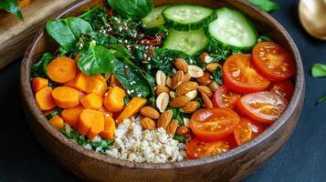Healthy Vegan Bowl with Spinach Cucumber Carrots Tomatoes Almonds Oats A Delicious and Nutritious Meal photo