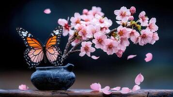 A Vibrant Monarch Butterfly near Delicate Pink Cherry Blossoms in a Dark Pot Springtime Nature Scene photo