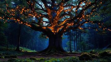 Enchanting Fairy Lights Adorn Ancient Oak Tree in Dark Forest at Night Magical Winter Wonderland Scene photo