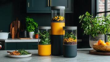 Modern Kitchen Storage Containers with Fresh Herbs and Grains Healthy Eating Concept photo