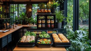 Healthy Food Buffet Display in a Modern Restaurant with Lush Greenery photo