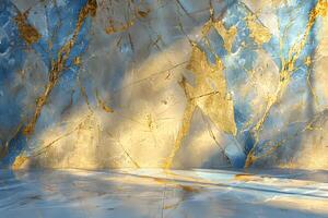A textured wall featuring blue and gold marbling, creating a luxurious and elegant aesthetic. photo