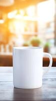 A white mug sits on a wooden table, illuminated by soft sunlight in a cozy setting. photo