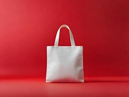 Tote Bag Mock up Against Red Background photo
