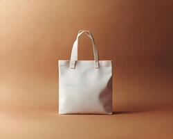 Off-White Canvas Tote Bag Mock up Against Brown Background photo