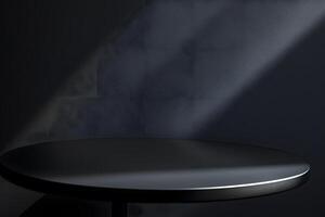 Black Circular Table and Textured Wall in Low Light photo