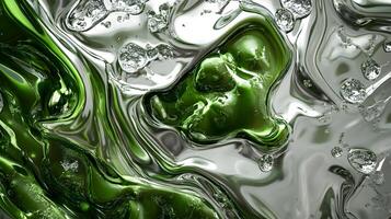 Abstract Image of Swirling Silver and Green Liquids with Bubbles photo