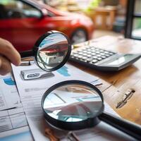 Magnifying Glasses on Financial Documents with Calculator and Blurred Red Car photo
