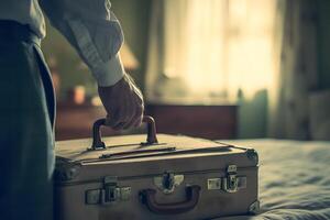 Man Holding Vintage Suitcase in Bedroom photo