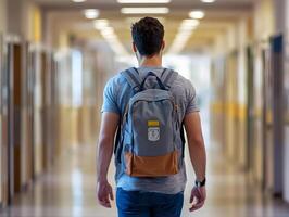 hombre con mochila en pasillo foto