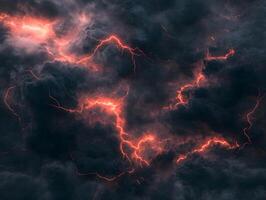 Image of Dark Clouds with Red and Orange Lightning Bolts photo