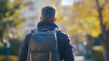Man with Backpack Walking Outdoors in Autumn photo