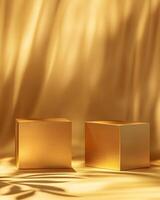 Two Gold Cubic Display Stands on Gold Surface with Foliage Shadows photo
