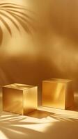 Two Gold Cubes with Palm Leaf Shadows on Gold Surface photo