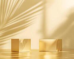 Two Gold Display Cubes with Palm Leaf Shadow photo