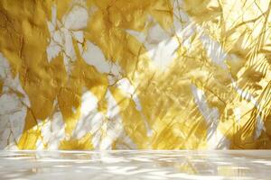 Gold and White Marble Wall with Leaf Shadows and Reflective Floor photo