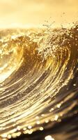 Golden Ocean Wave with Water Droplets and Bokeh photo