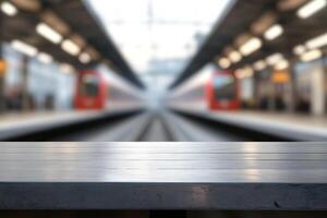 Grey Surface with Blurred Railway Station and Trains photo