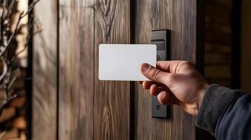 Hand Using Key Card at Electronic Door Lock on Wooden Door photo