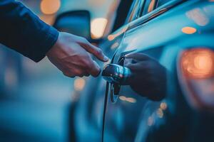 Hand Reaching for Car Door Handle at Dusk photo