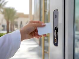 Hand Using Access Card at Door Reader photo