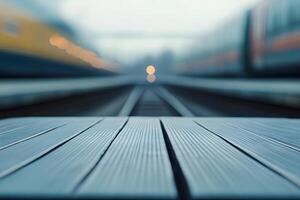 Grey Wood Surface with Blurred Trains and Railway Tracks photo