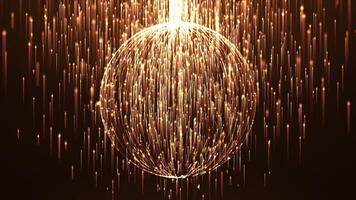 Abstract round sphere made of shiny golden magic glow particles on a dark background, energy ball made of bright dots and lines, spherical movement of the ball. video